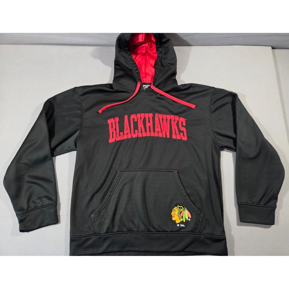 NHL Blackhawks Hoodie Mens Large Black Red Chicago Ice Hockey Embroidered Jacket